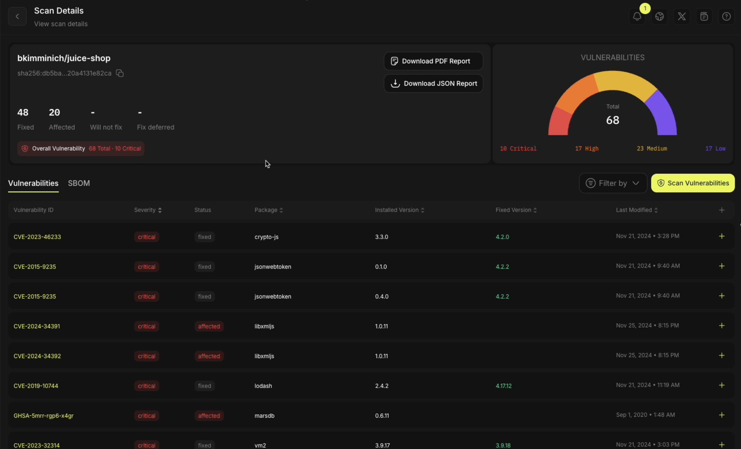 Image showing details of the vulnerability issues detected and severity statuses of the issues with a resource scanned by  the NodeOps network Dashboard