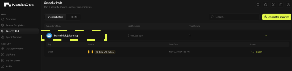 Image showing scanned resource in the NodeOps Network Dashboard