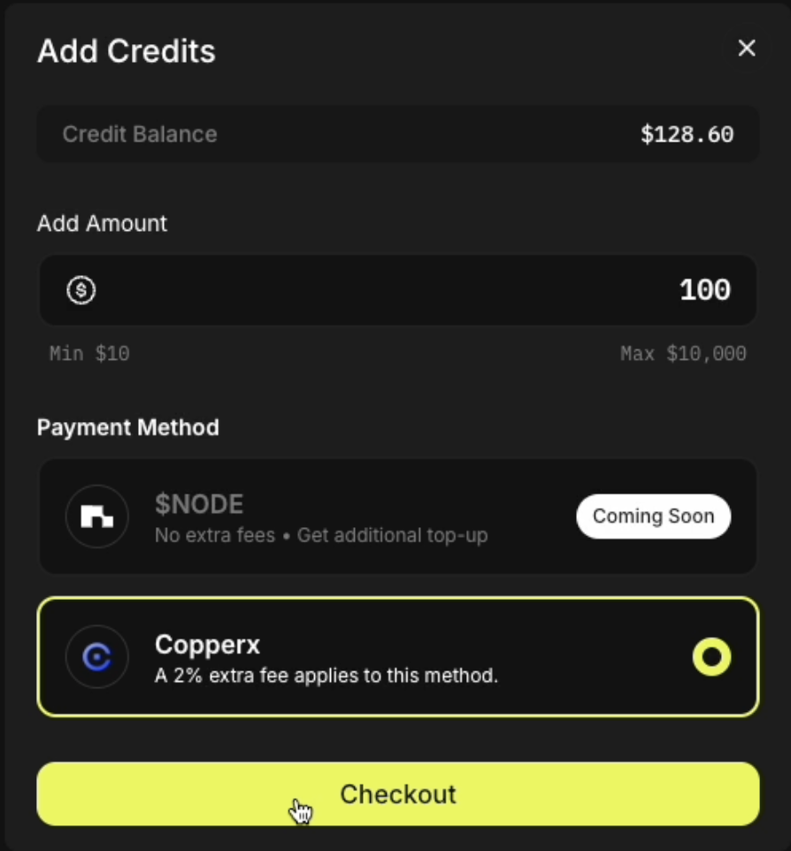 Select checkout to top up your account be ready to deploy no-code Web3 and Protocol Nodes