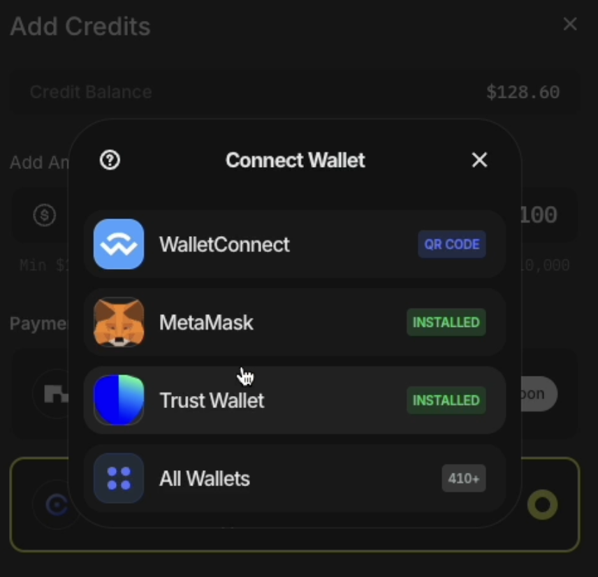Select wallet with stables or tokens to use to top up your Node running console account