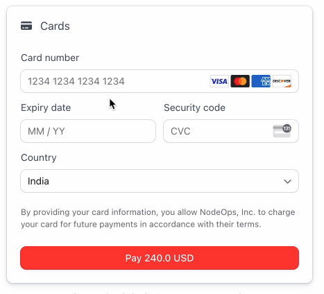 Enter card details for Visa, Mastercard, American Express