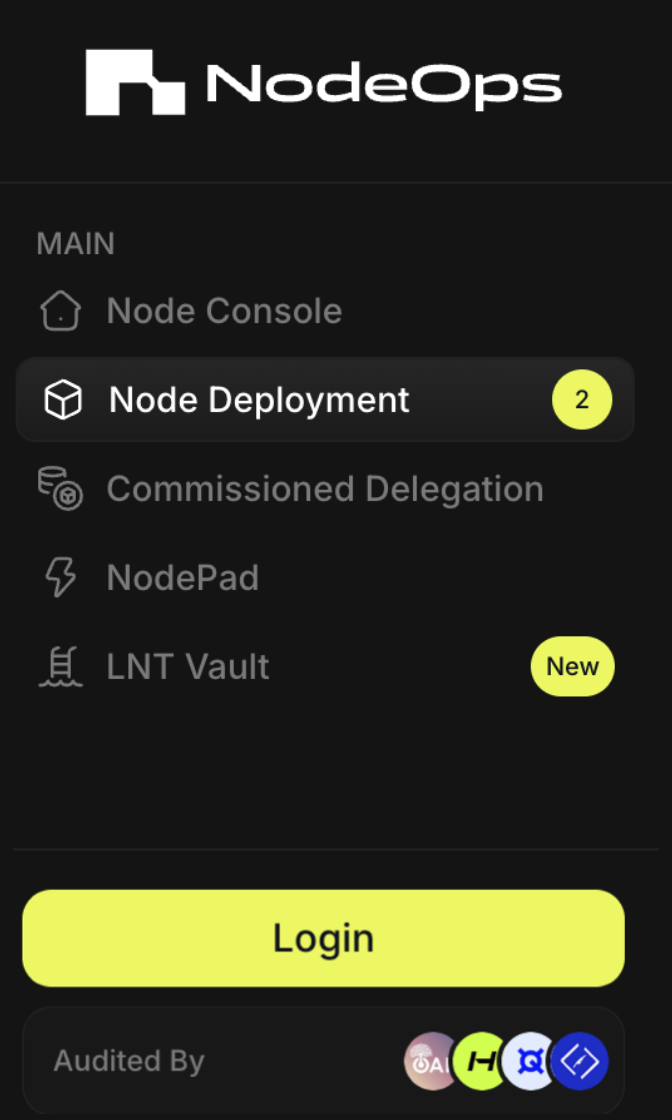 Log in or sign up to the NodeOps Node as a Service DePIN Compute layer no code dashboard using the log in button