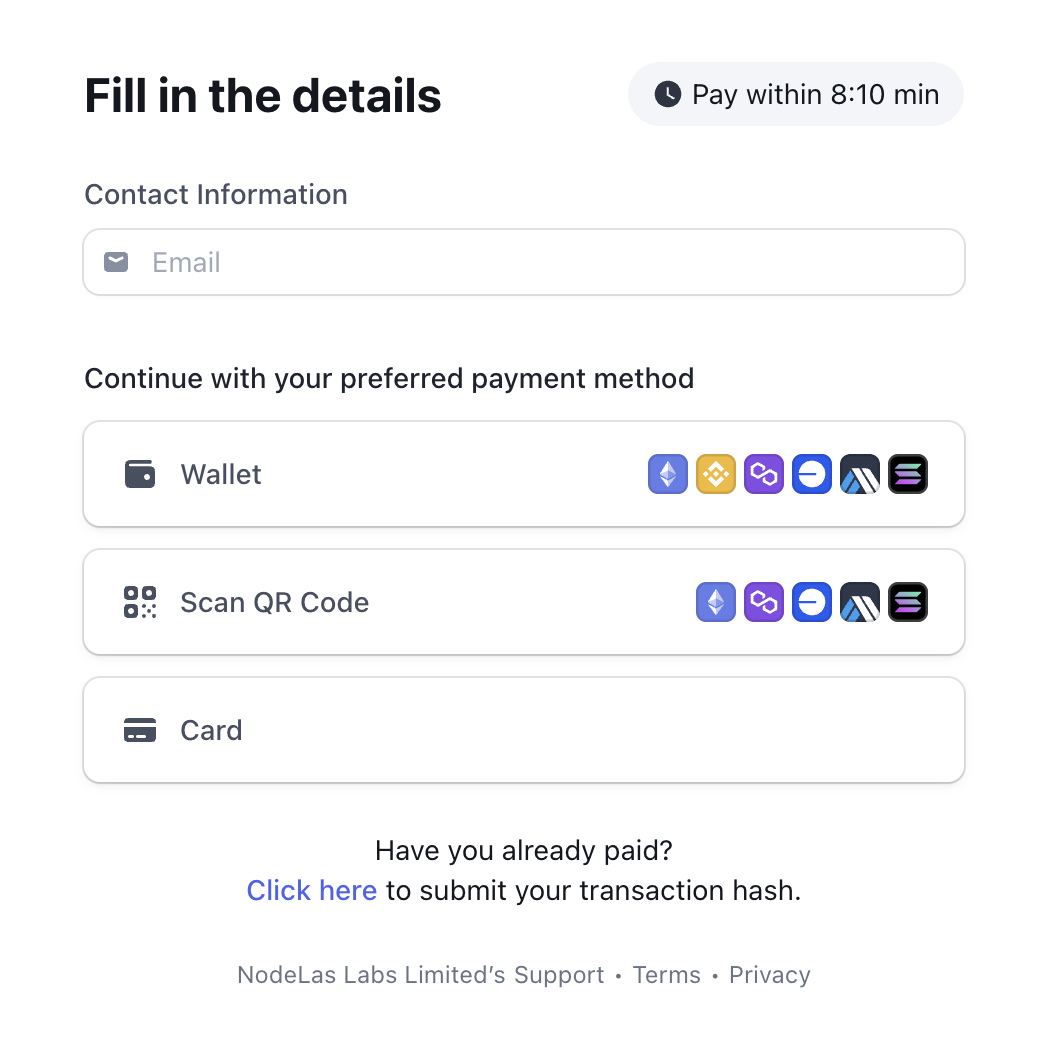 Signed in from the NodeOps Console, decide between wallet or card payments