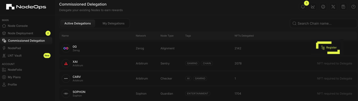 select register to begin the commission-based NFT delegation for your 0G Alignment Node