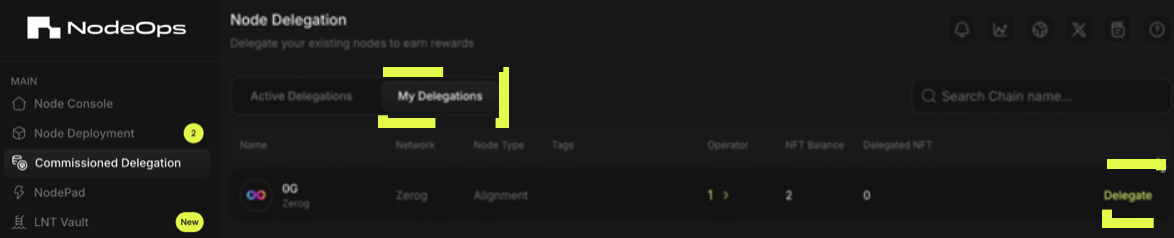 Click Delegate to progress your 0G Alignment Node NFT delegation to a NodeOps-maintained Node.