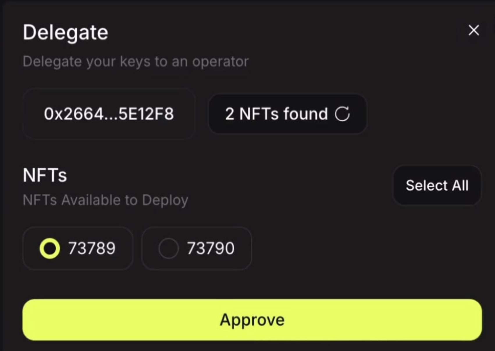 select the NFT to hand over to the commission-based NFT delegation flow for your ∑0G Alignment Node