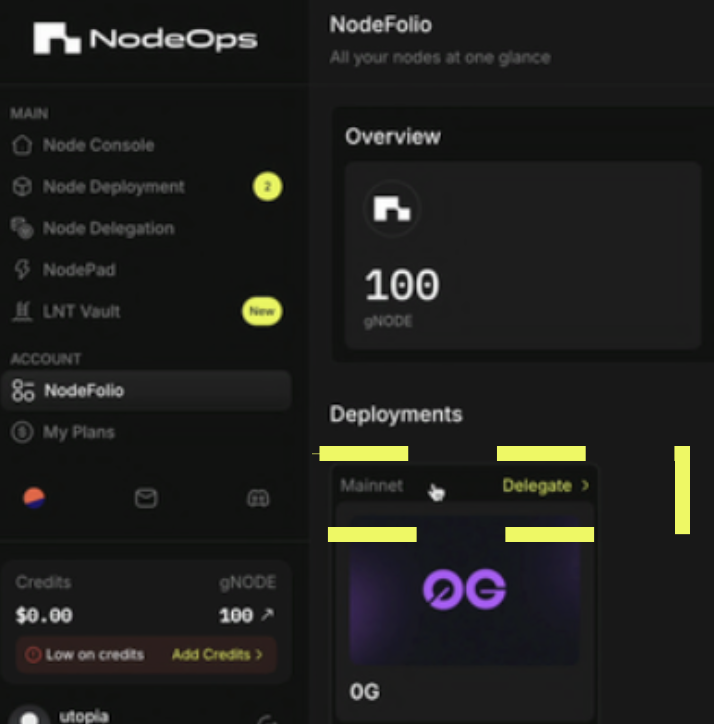 Navigate to your NodeFolio from the left hand menu, and select th 0G Node instance with **Action Required** status