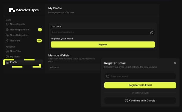 Register an email to be associated with your NodeOps Marketplace account.