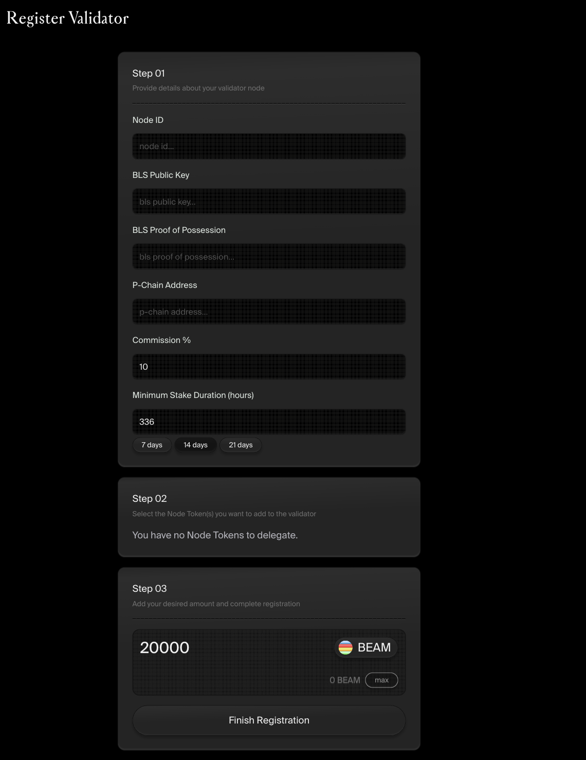 Use your configurations to stake BEAM from to validate the Beam network