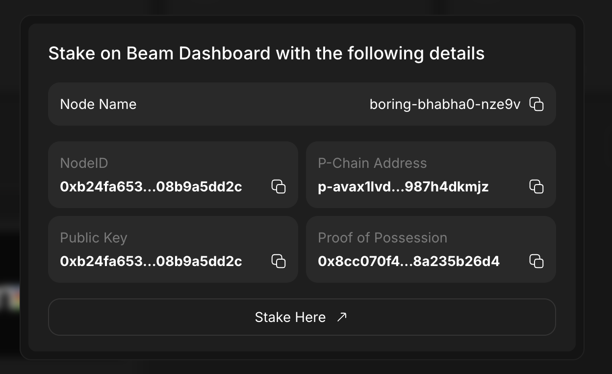 Copy your configurations to stake BEAM from your NodeOps Node no code dashboard to validate the Beam network