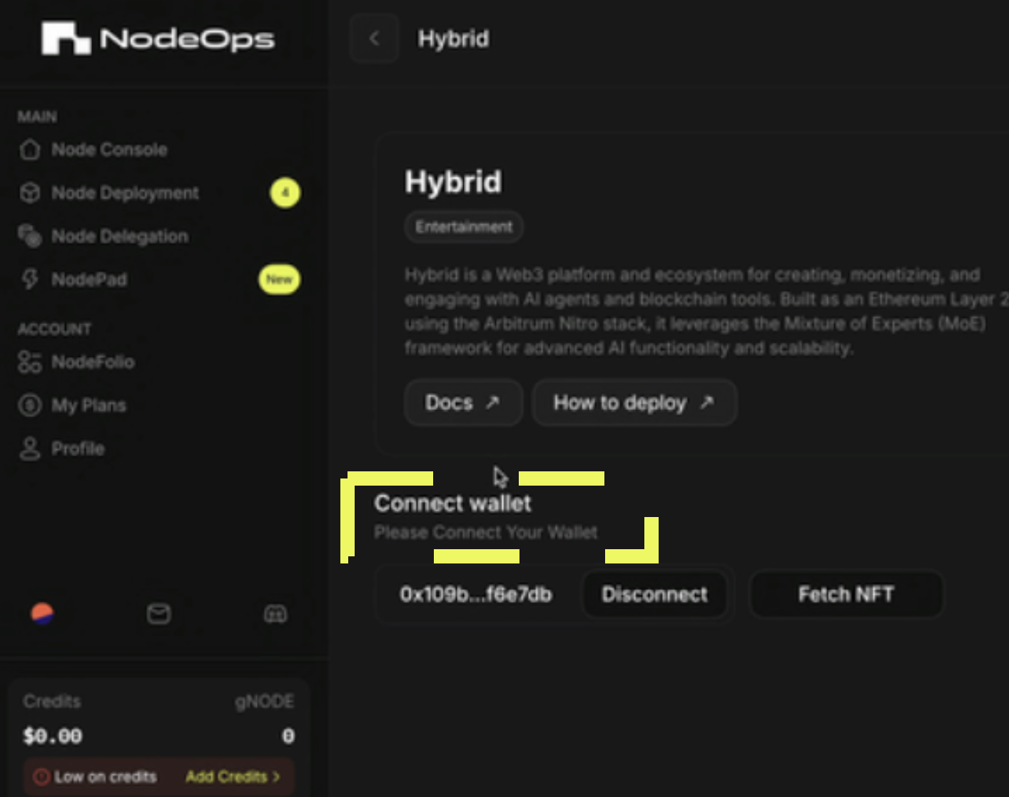 Ensure the wallet containing your Hybrid NFTs is connected to the Console dashboard.