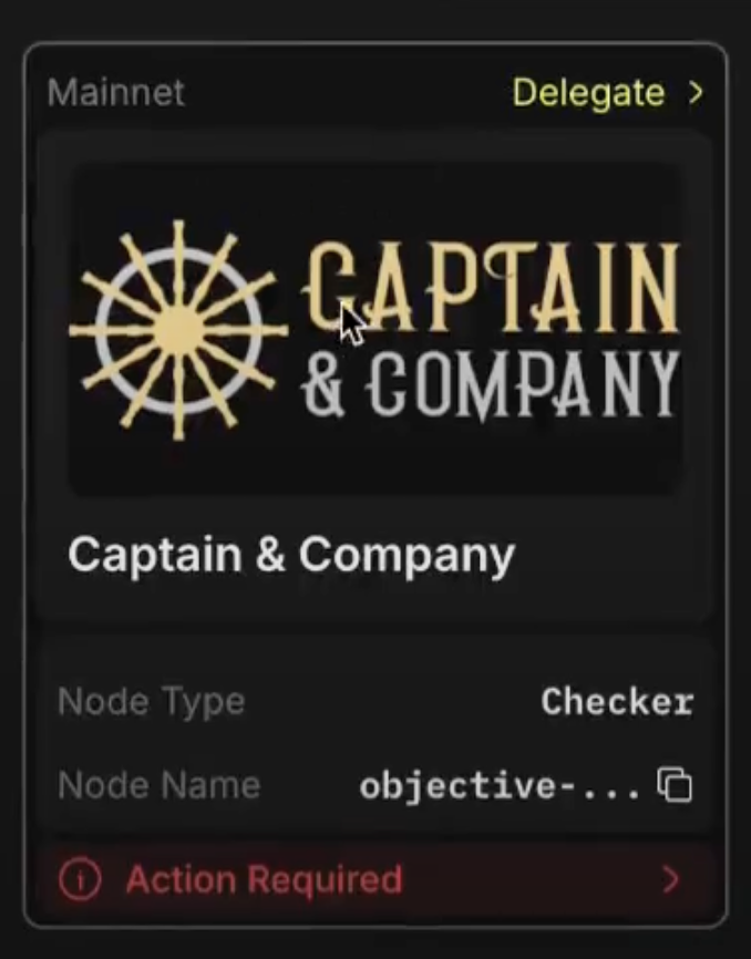 From NodeFolio select the Captain and Company Node to delegate NFT to