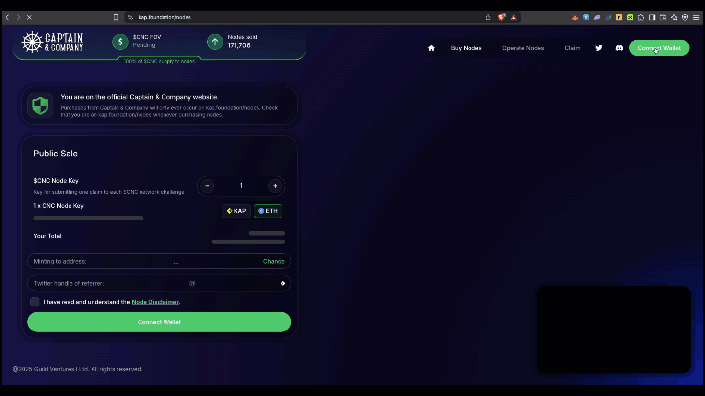 From NodeFolio select the Captain and Company Node to delegate NFT to