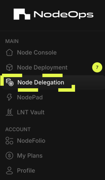 Logged into the NodeOps Compute Console, select Delegation from the menu