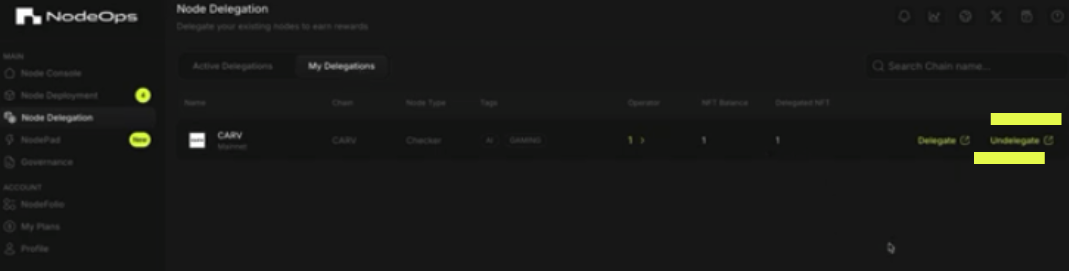 Logged into the NodeOps Compute Console, select Delegation from the menu
