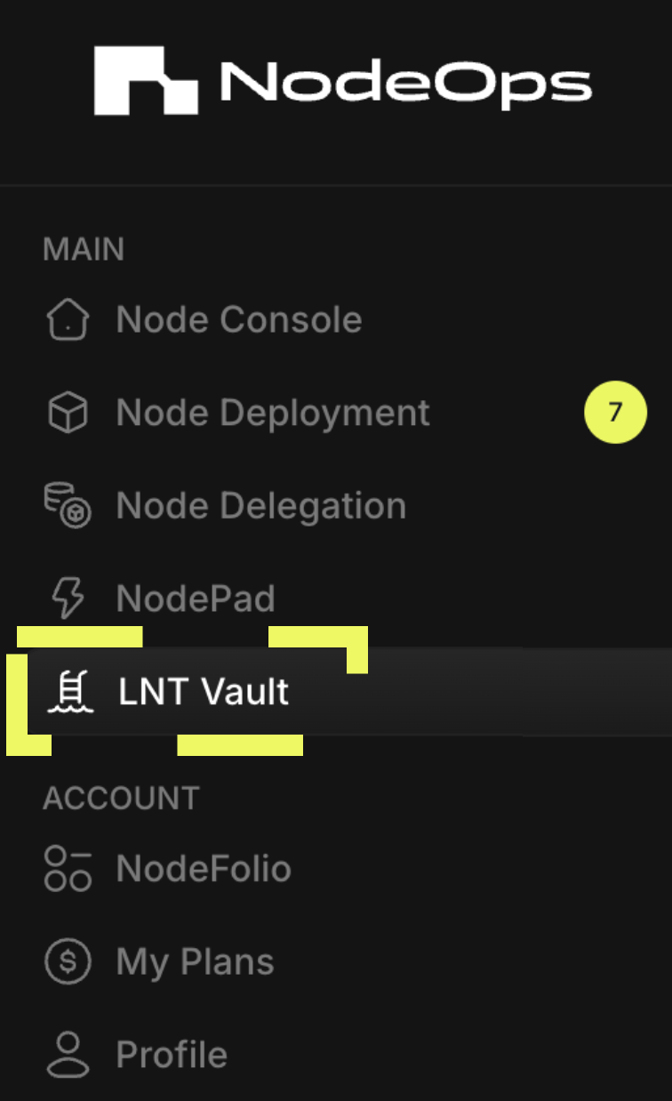 Logged into the NodeOps Compute Console, select LNT Vault from the menu