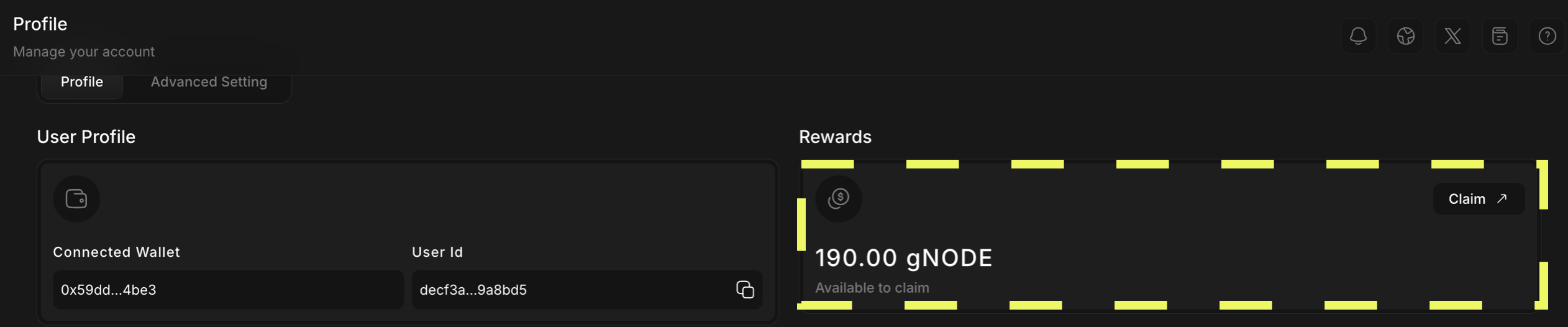 gNODE reward balance is available from your Profile in the Cloud Marketplace app