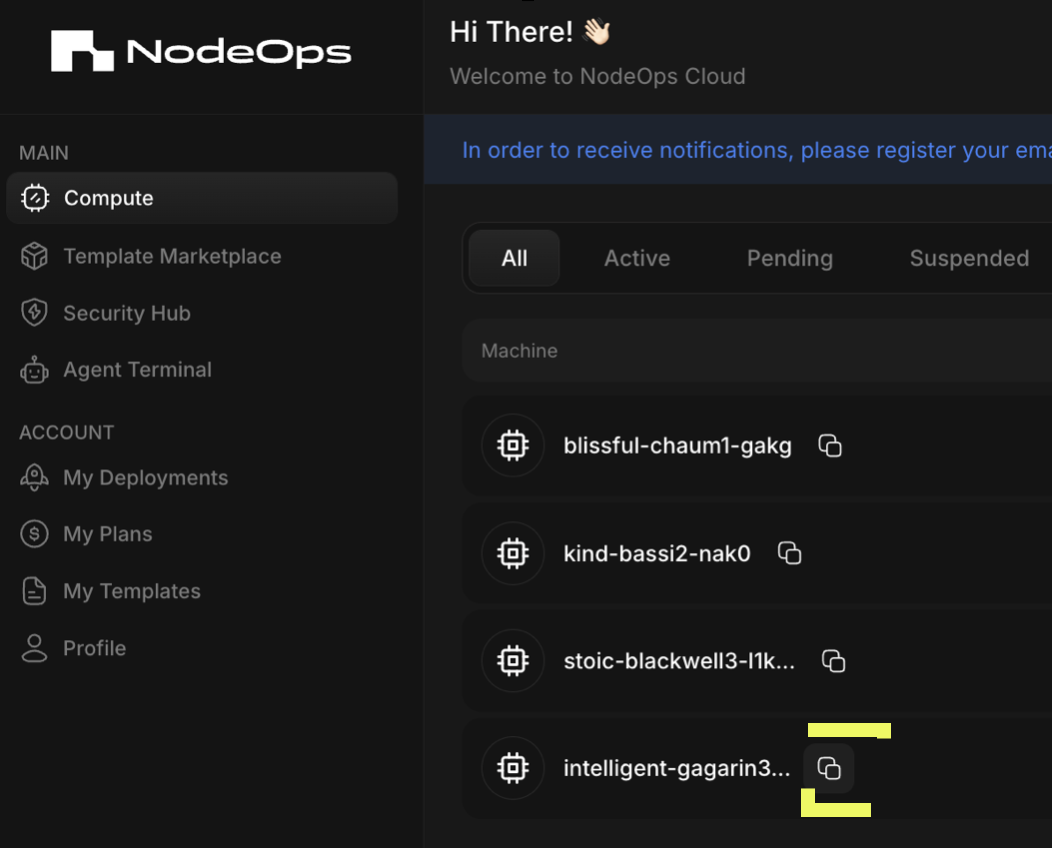 From the Compute page in the NodeOps Cloud Marketplace app, identify the Machine you wish to nominate your Compute workloads to
