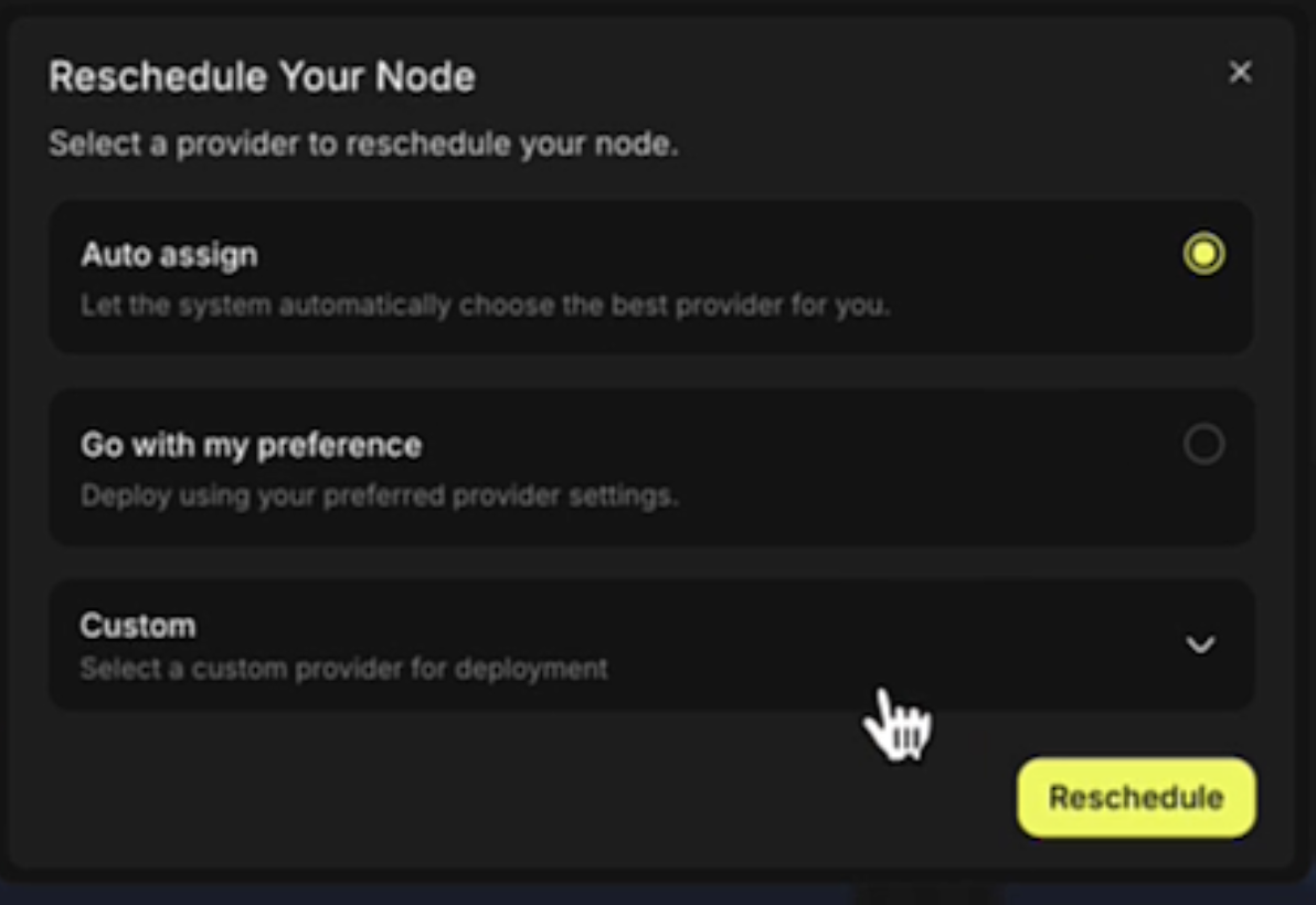 From the deployment's card, click Custom to reschedule Cloud workloads to a different server