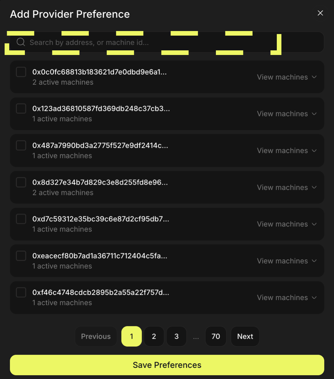 Identify the provider by wallet address or the machine by its unique identifier to auto assign workloads to this preference going forward