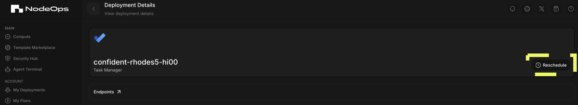 From the template's deployment card, click reschedule to reassign the workload to a Machine or Provider of your choosing