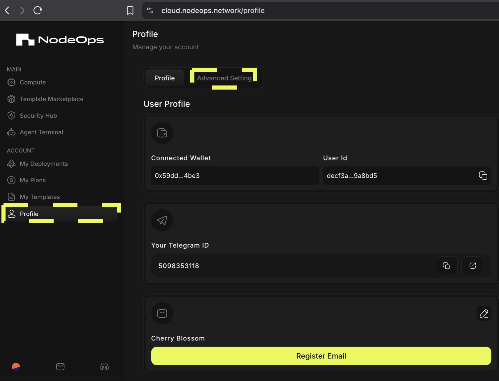 Log into the Marketplace and navigate to Profile, **Advanced Settings** to nominate your Compute workloads and let the nominee earn gNODE rewards for handling the workloads you assign
