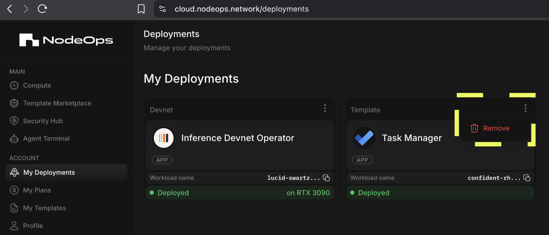 delete a template deployed in the NodeOps DePIN Cloud Marketplace