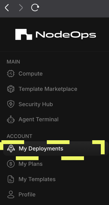 Access all your deployments from the NodeOps Cloud Compute Marketplace