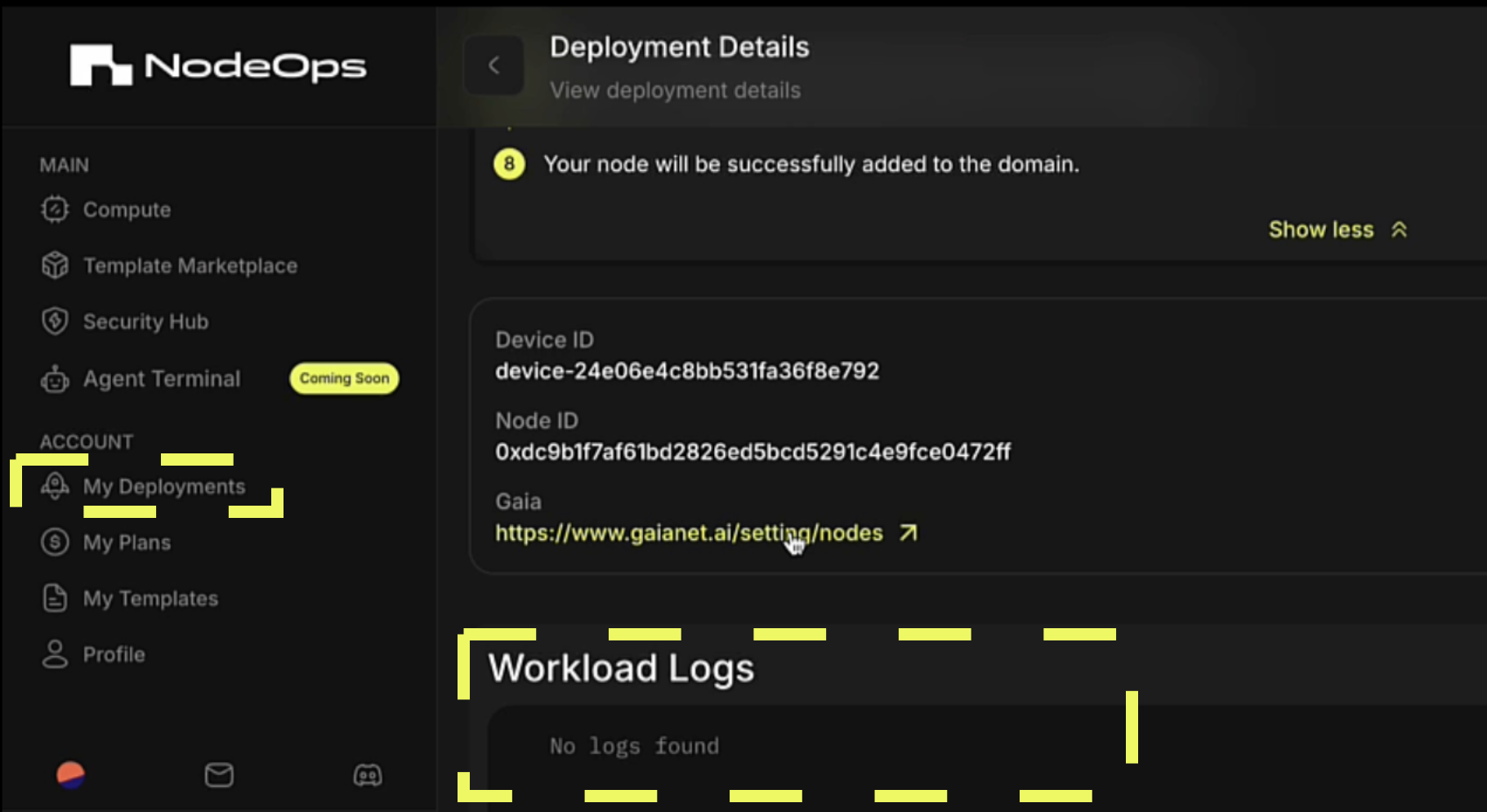 A no logs found message in the Workload logs suggests the Network needs more time to deploy the Node