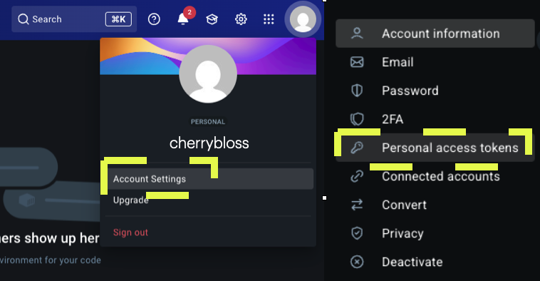 Navigate to Account settings in Docker profile as first step in setting up personal access token.