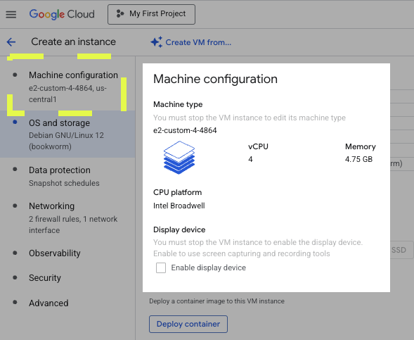 configure GCP machine 2CPUs min 4vCPUs