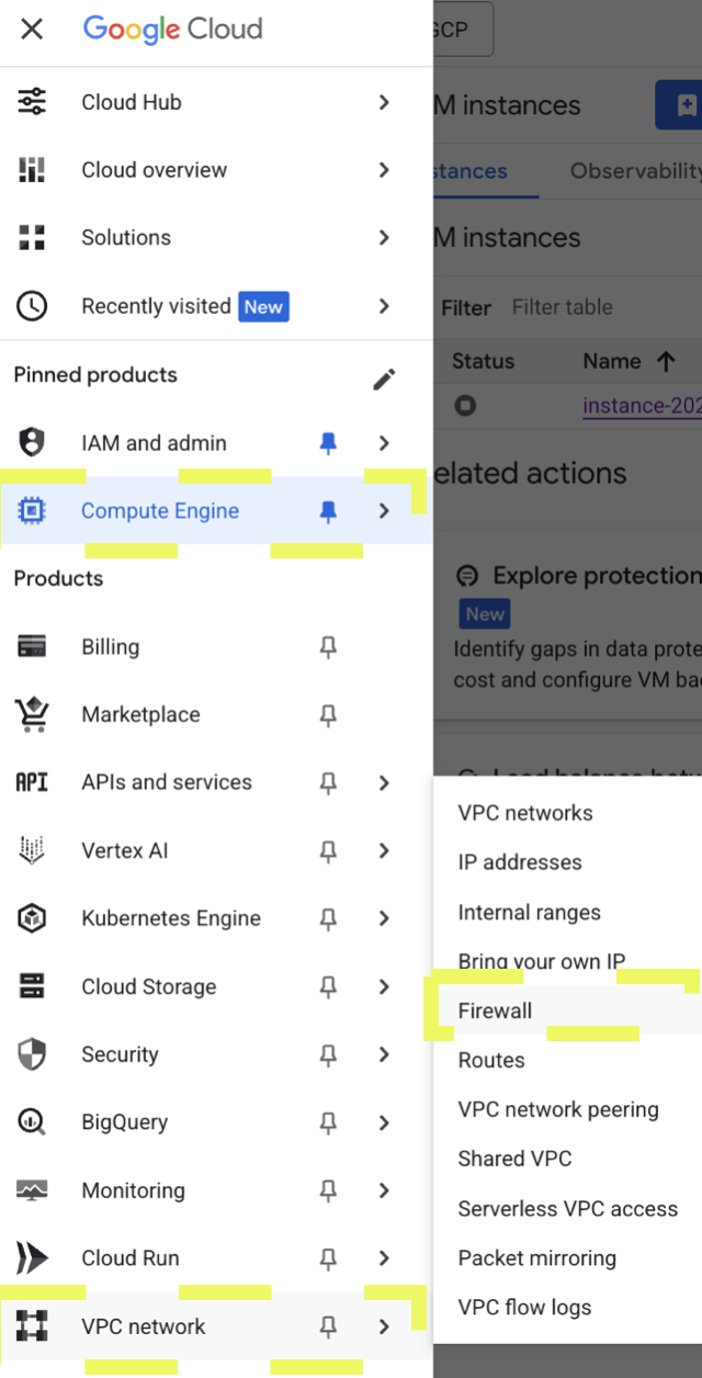 From GCP Compute engine, navigate to Virtual Private Cloud to setup firewall to allow your Compute to be accessible to the NodeOps Marketplace DePIN Cloud
