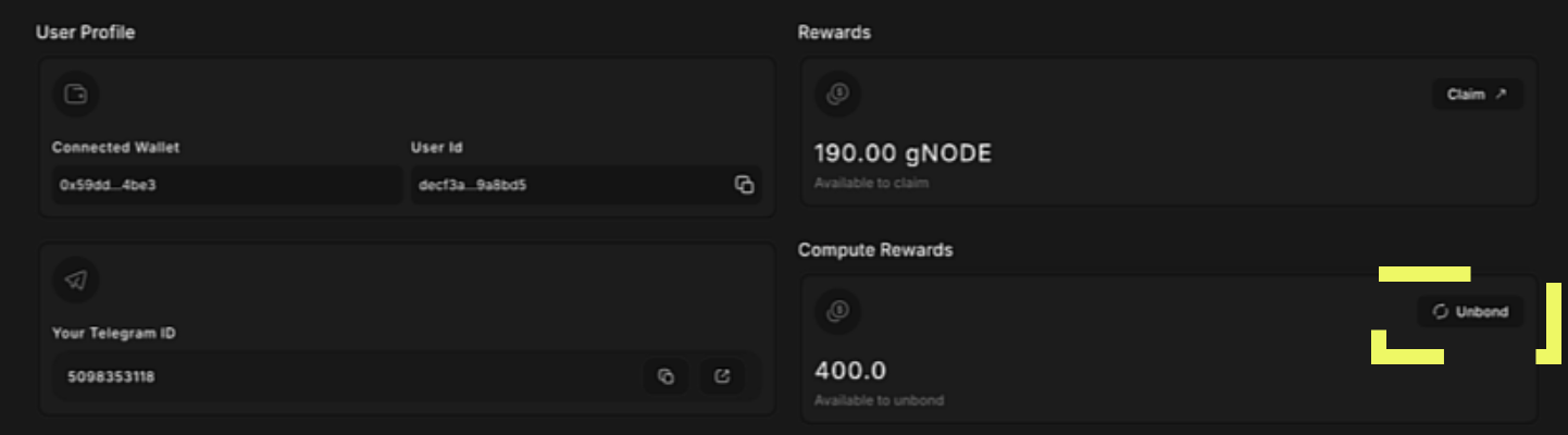 From Profile, click unbond to recover bound $NODE released from the Node as a Service DePIN Compute