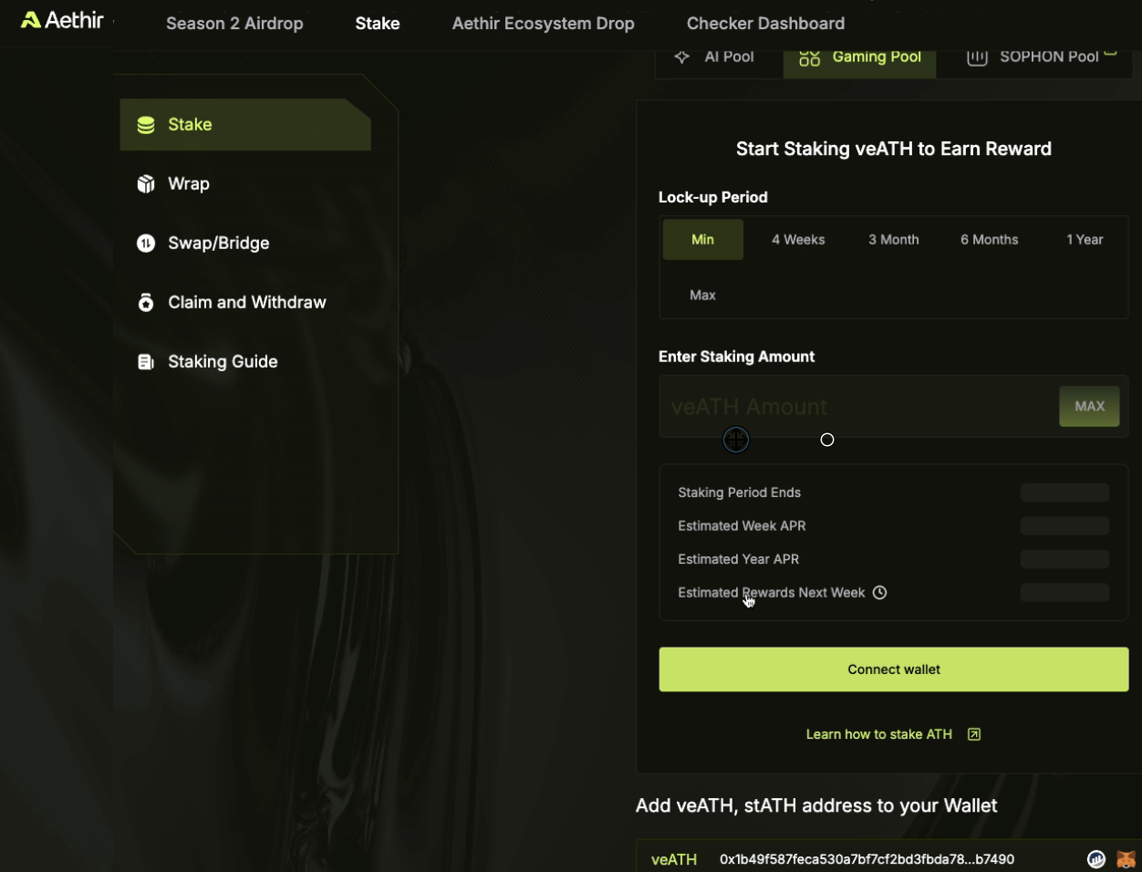 Connect your wallet to begin the staking process.