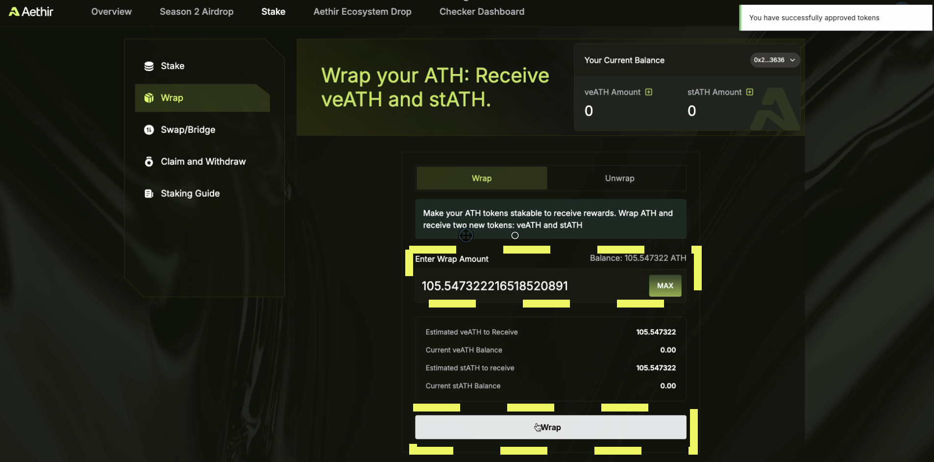 Determine how much token to wrap ahead of staking.