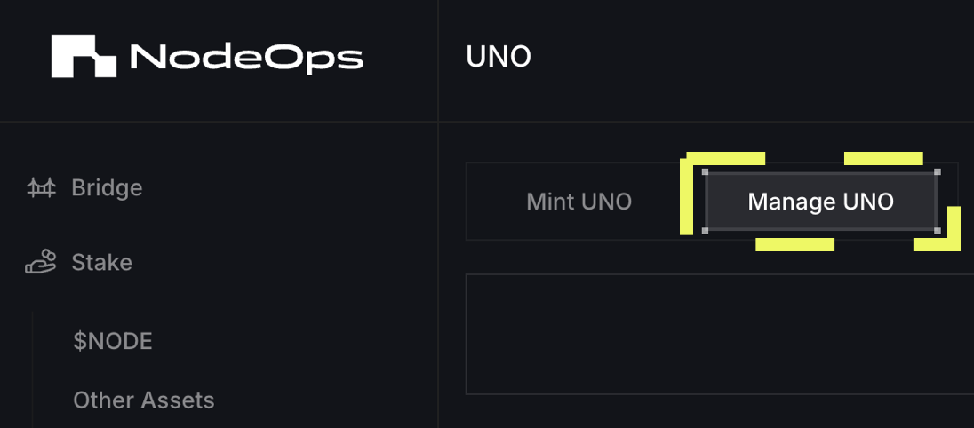 Select the Manage UNO tab to begin the process to release your UNO NFT from the Operator Node on Arbitrum L3