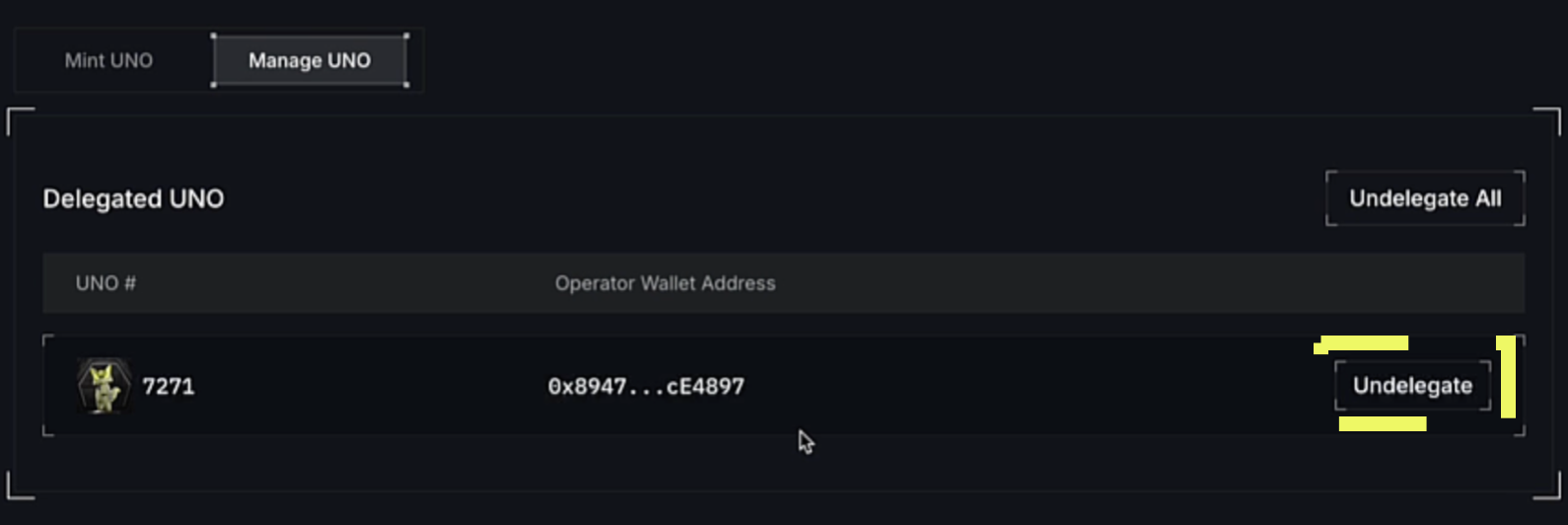 Click Undelegate to release your UNO NFT from the Operator Node on Arbitrum L3