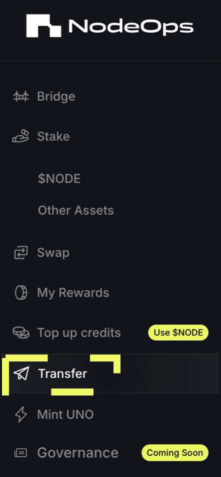 Transfer $NODE across wallets with NodeOps Portal app