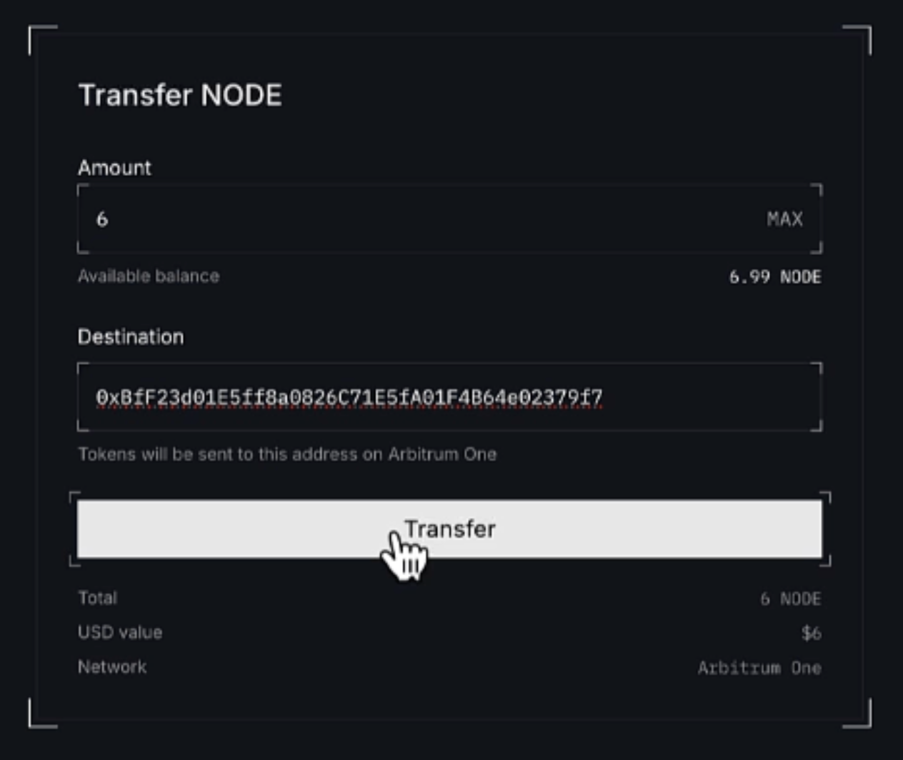 Enter amount and destination wallet to transfer $NODE across wallets with NodeOps Portal app