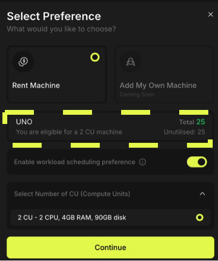 Holding UNO gives you access to 2CU per NFT on NodeOps Network, select that option from the Marketplace rent machine dash