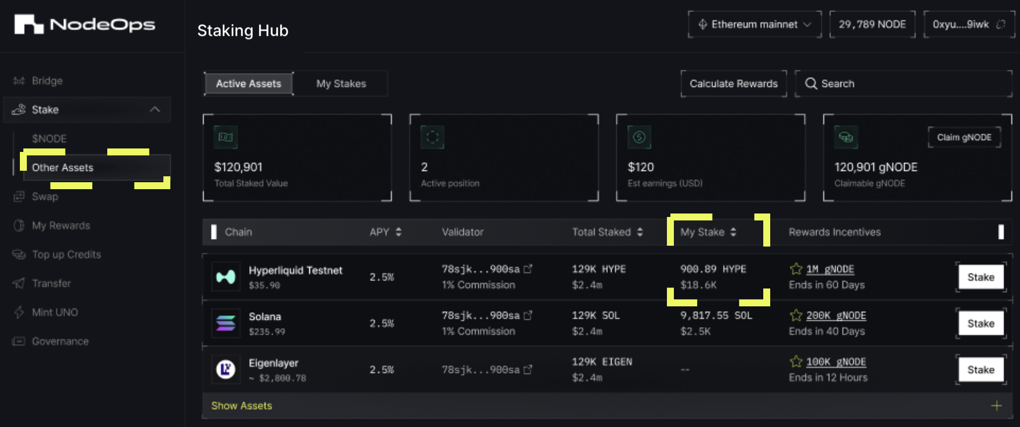 View your staked tokens via the My Stakes tab on on the NodeOps Portal app