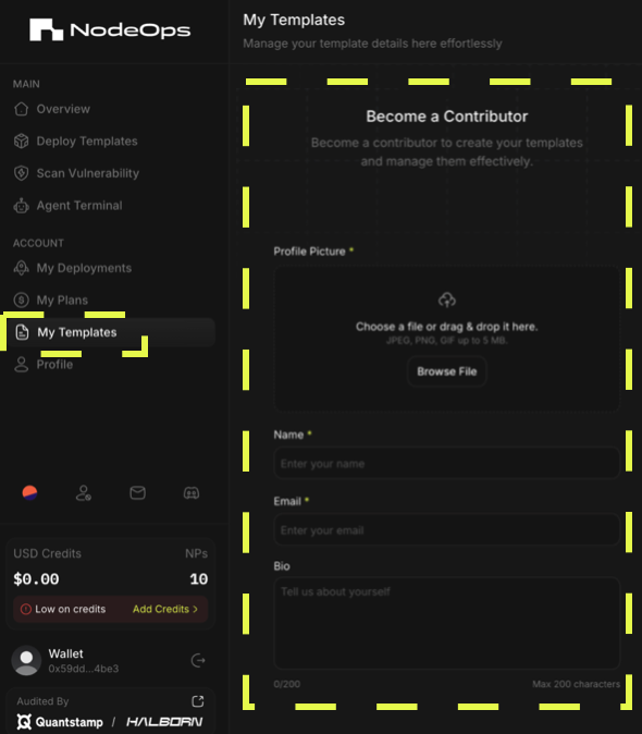 Select from the NodeOps Network's template marketplace