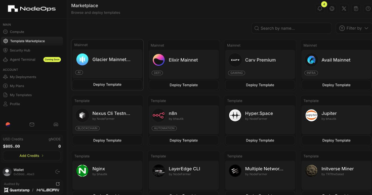Select from the NodeOps Network's public template marketplace